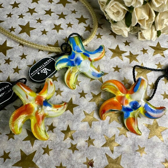 NWT Italian Murano Glass Starfish Pendant Slider on a Cord Necklace - Picture 7 of 7